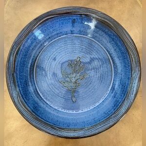 Teague Frogtown Pottery 9.5” Cobalt Blue Leaf Hand Thrown Pie Plate Dish Signed